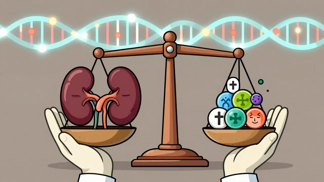 Balance scale weighing a kidney against side effects, with biomarker hint for future medicine.