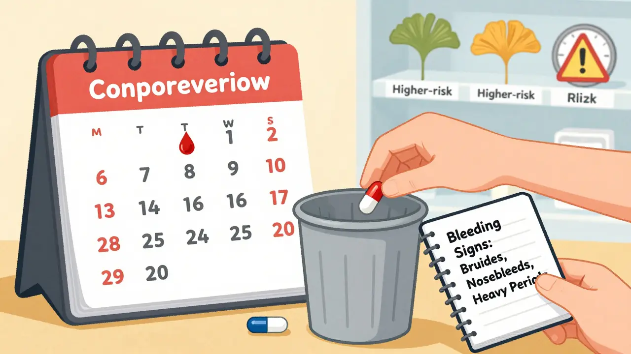 Calendar showing feverfew tapering before surgery with warning signs of bleeding