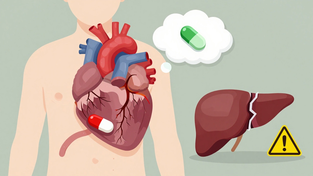 Cartoon stomach and heart showing risks of NSAIDs versus safe acetaminophen use.