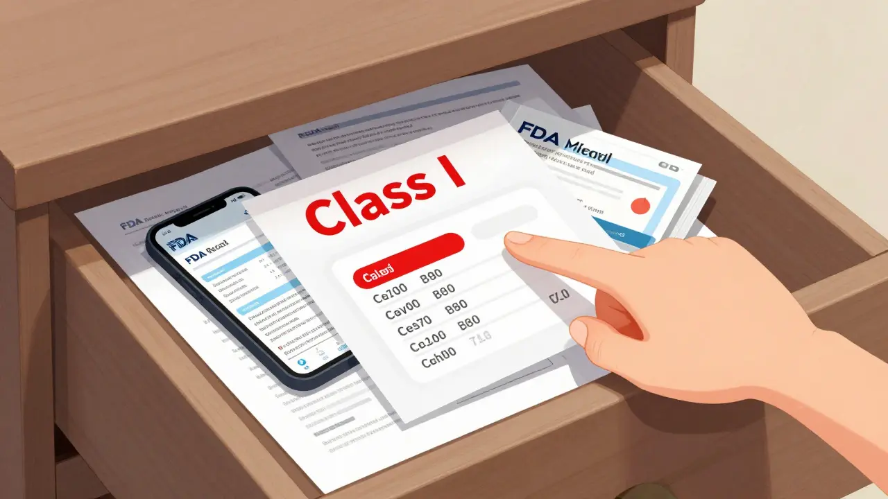 Cluttered drawer with medical papers and a phone showing the FDA recall website, highlighting a lot number.