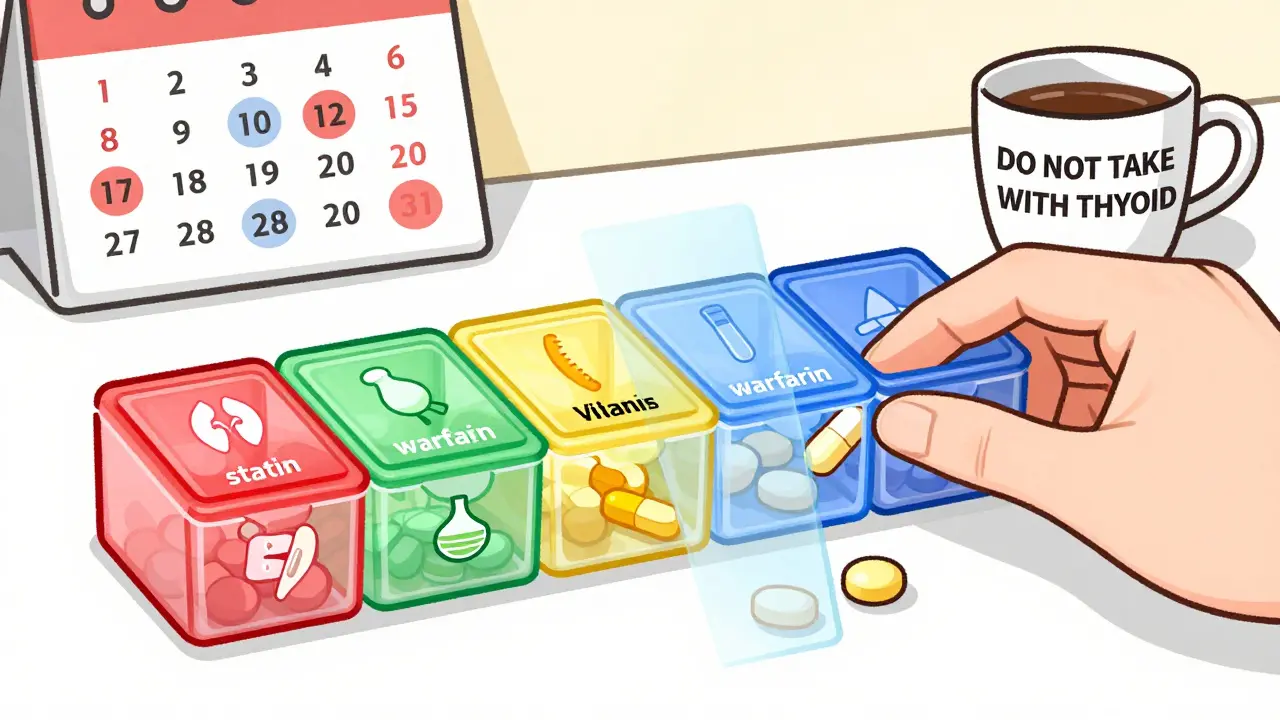 Color-coded pill organizer with labeled compartments showing separated medications and interaction barriers.