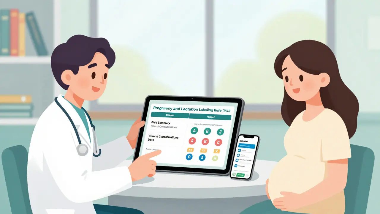 Doctor and patient reviewing updated medication safety labels on a tablet during a prenatal consultation.
