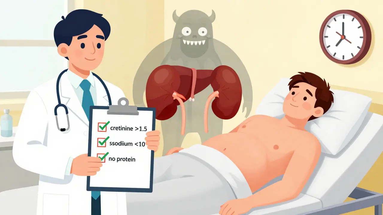 Doctor checking diagnostic signs of hepatorenal syndrome while patient shows ascites and shrinking kidneys.