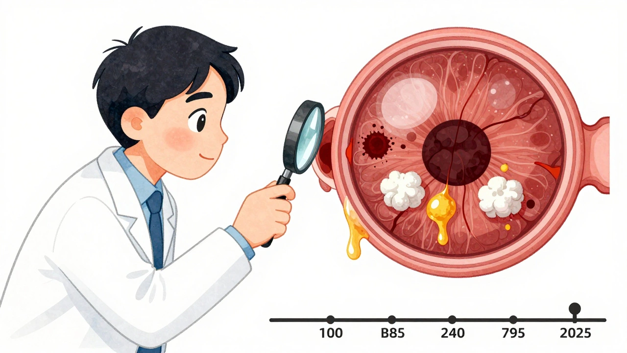 Doctor examining a retina showing hemorrhages, cotton wool spots, and lipid deposits from high blood pressure.