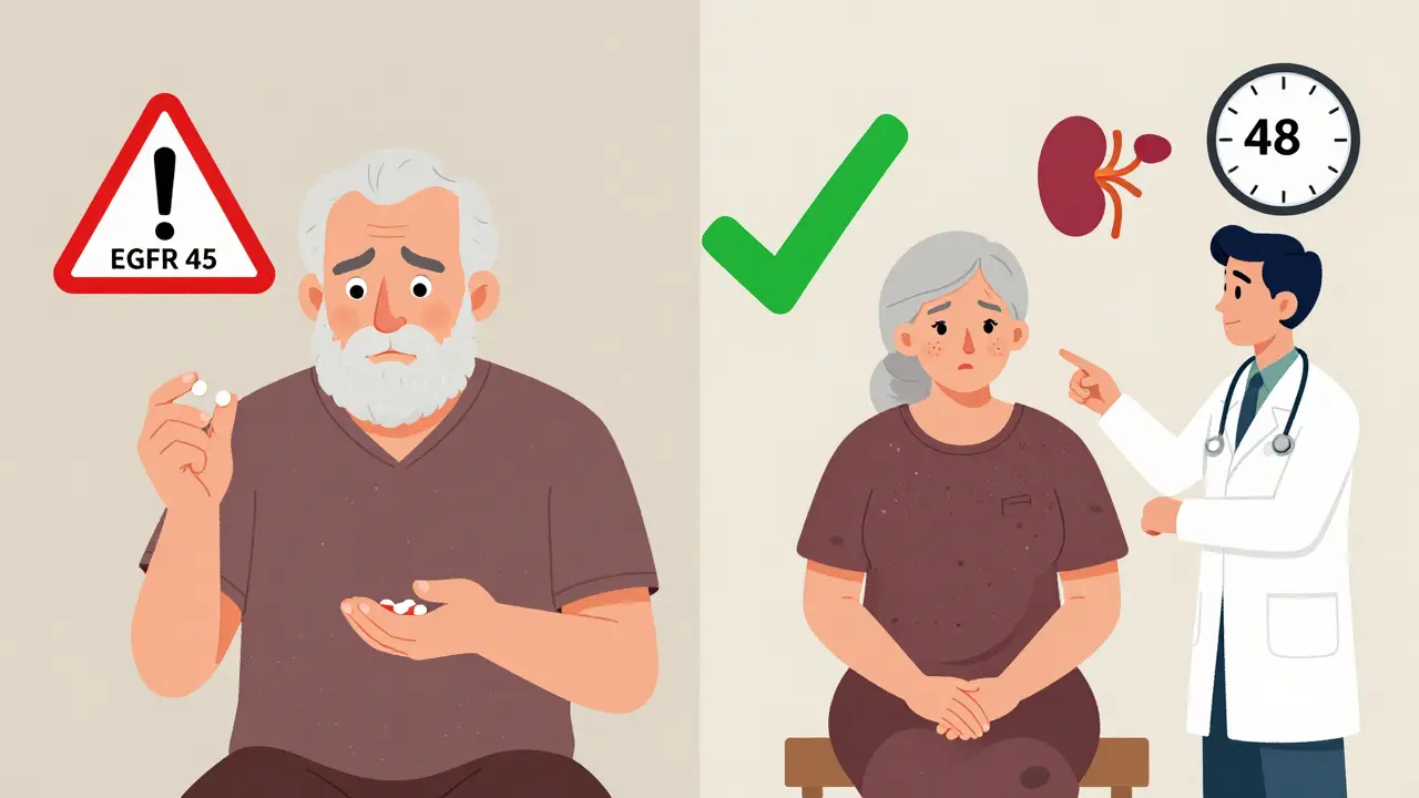 Elderly patient with kidney function results, showing contrast between risky and safe scenarios after scan.