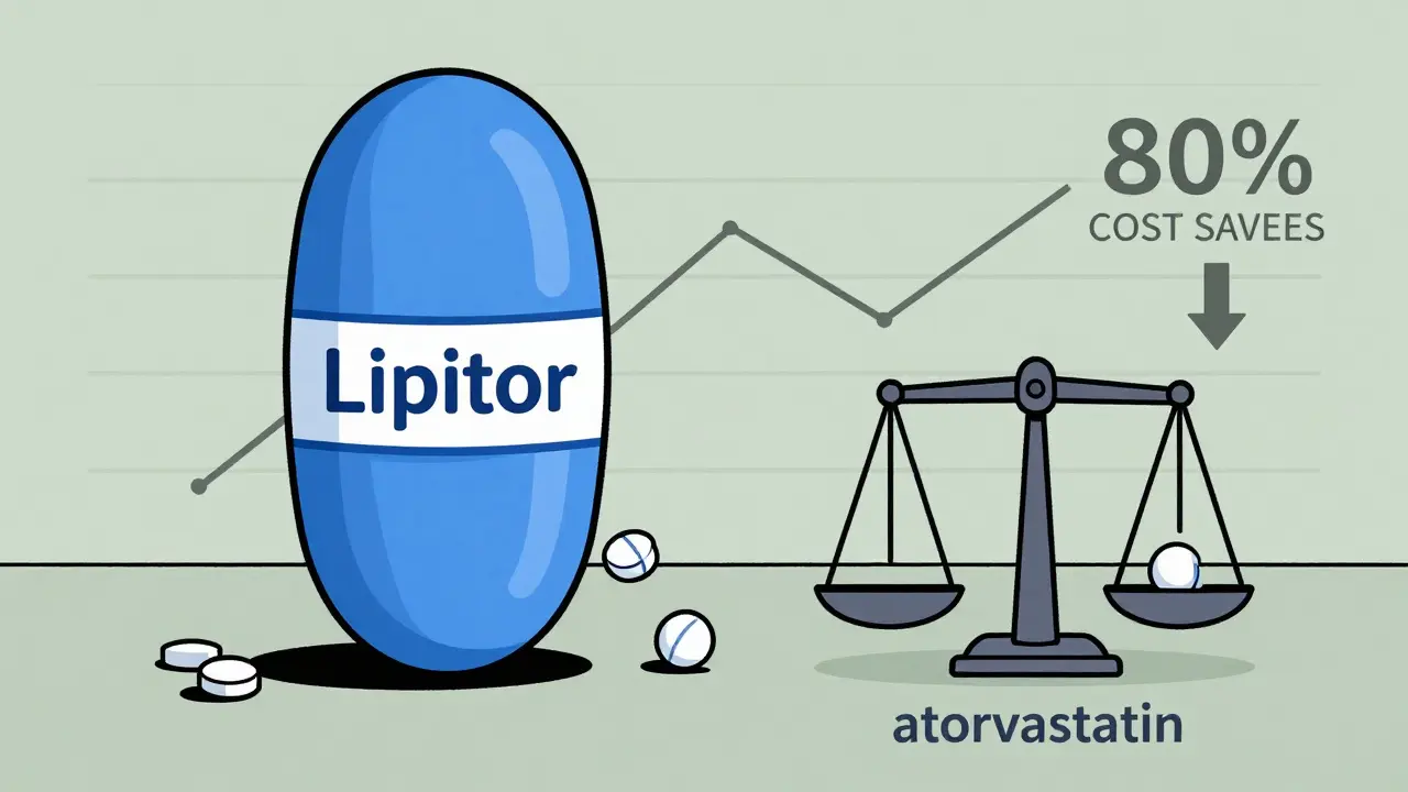 Giant brand-name pill vs tiny generic pill on a scale, dollar signs falling away, graph showing cost savings in background.