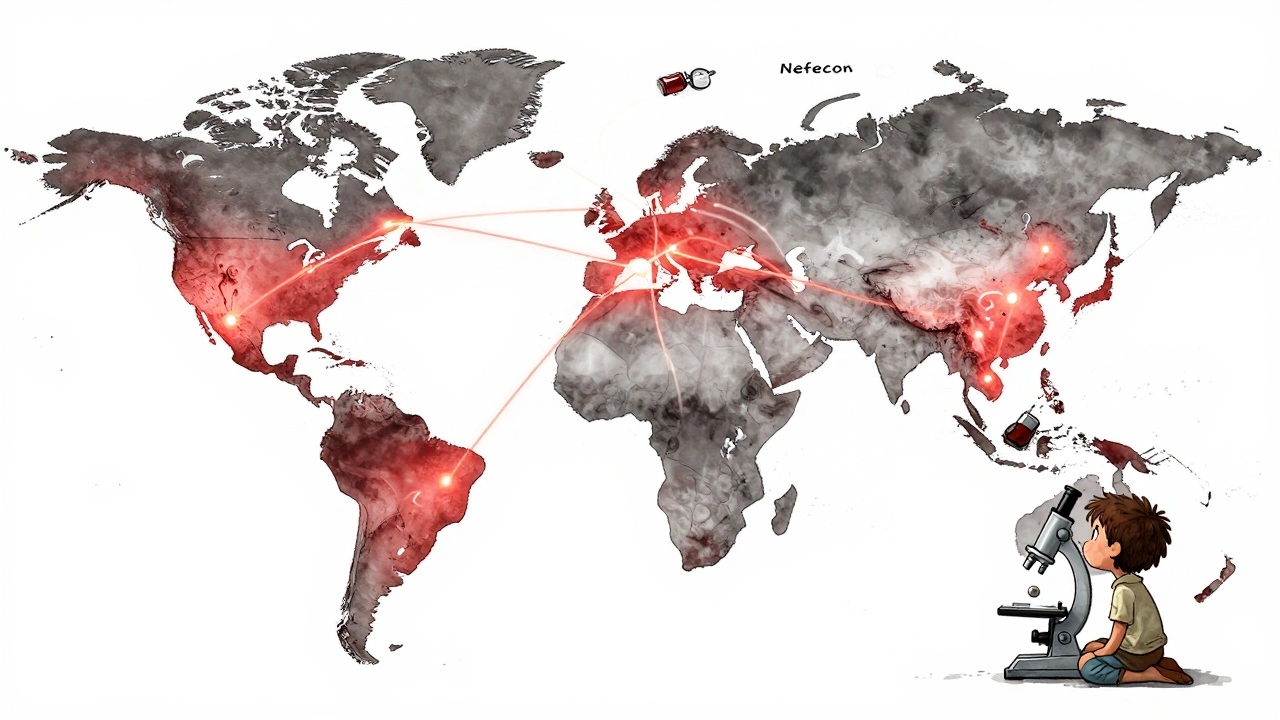 Global map showing unequal access to IgA Nephropathy treatments, with vibrant connections in wealthy regions and fading paths elsewhere.