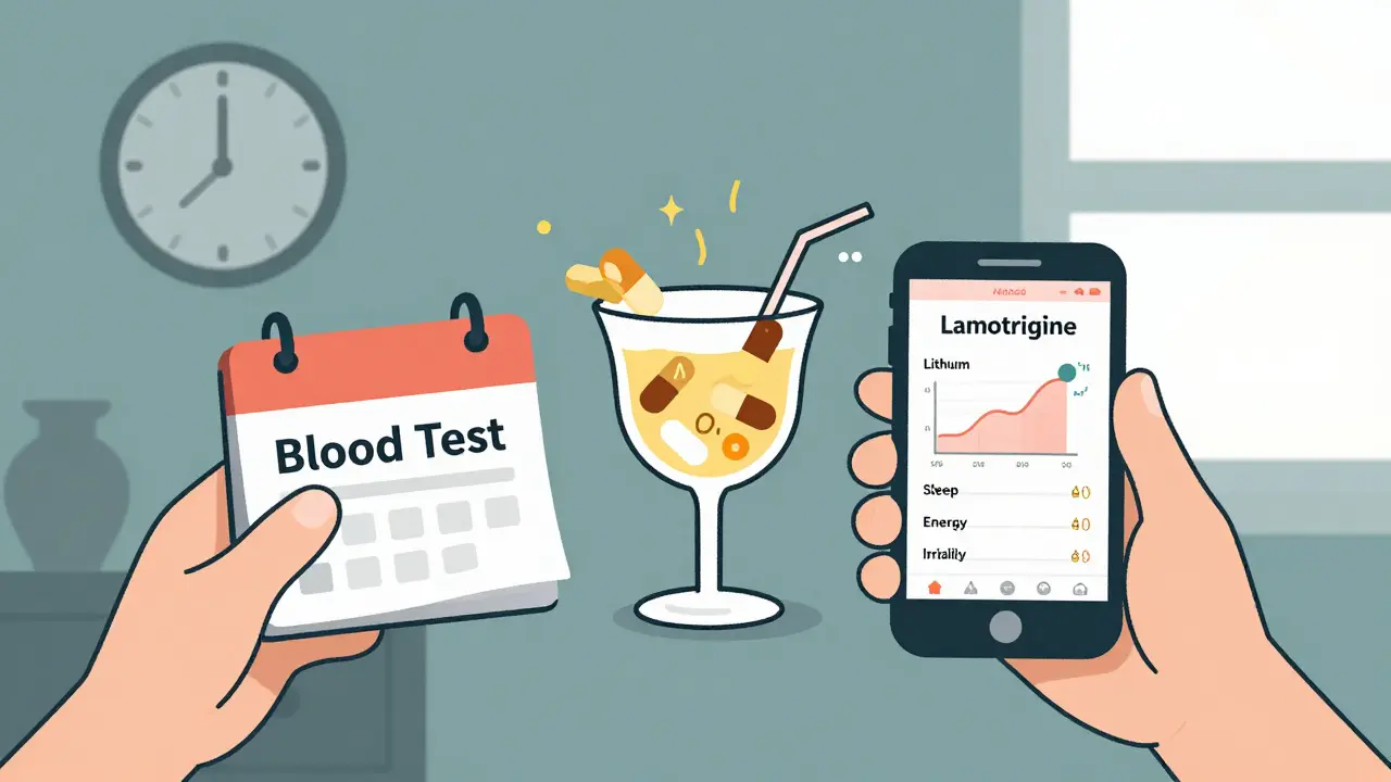 Hands managing medication and mood-tracking app with floating prescription pills.