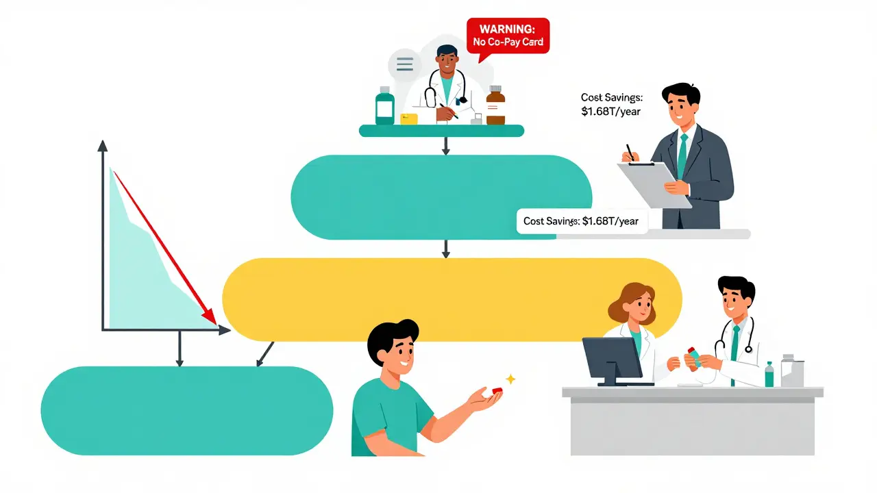Medical decision tree showing four drug tiers with patient, doctor, and PBM executive icons, illustrating cost savings.
