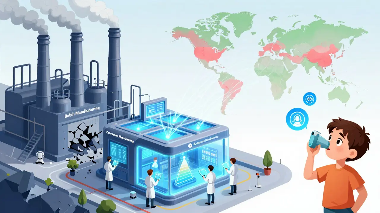 Modern continuous manufacturing facility beside crumbling batch plant, with AI mapping global supplier networks.