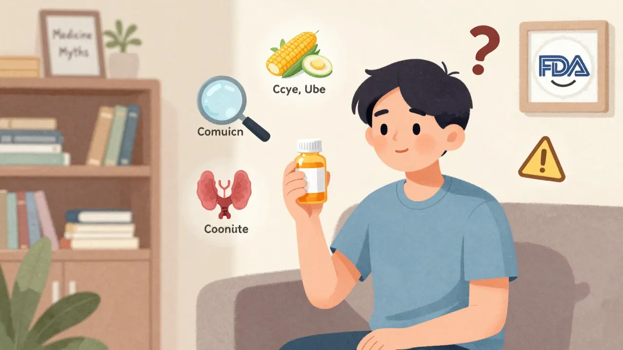 Patient confused by pill changes, surrounded by icons of inactive ingredients, thyroid warning, and FDA approval badge.
