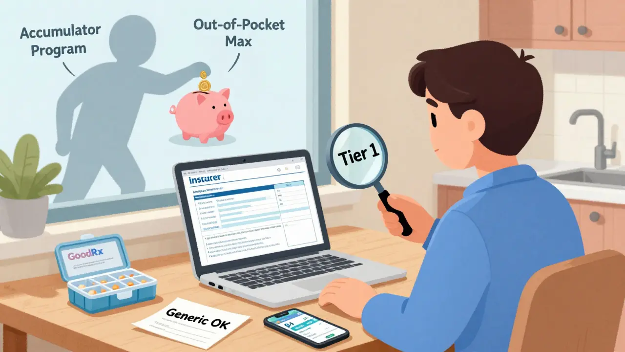 Patient reviewing insurance formulary at home with generic savings tools, while a shadowy figure steals from their savings piggy bank.