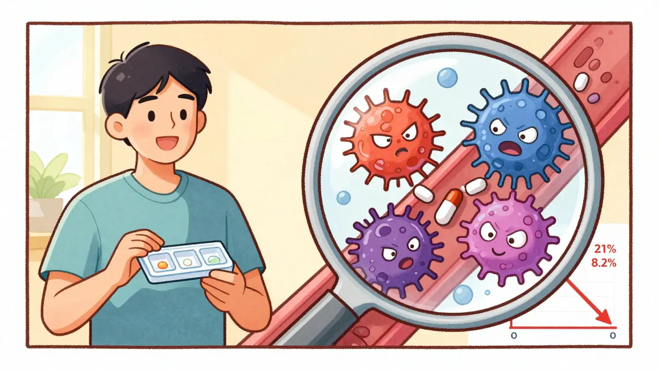 Patient taking immunosuppressants with bloodstream view showing drugs neutralizing immune cells.