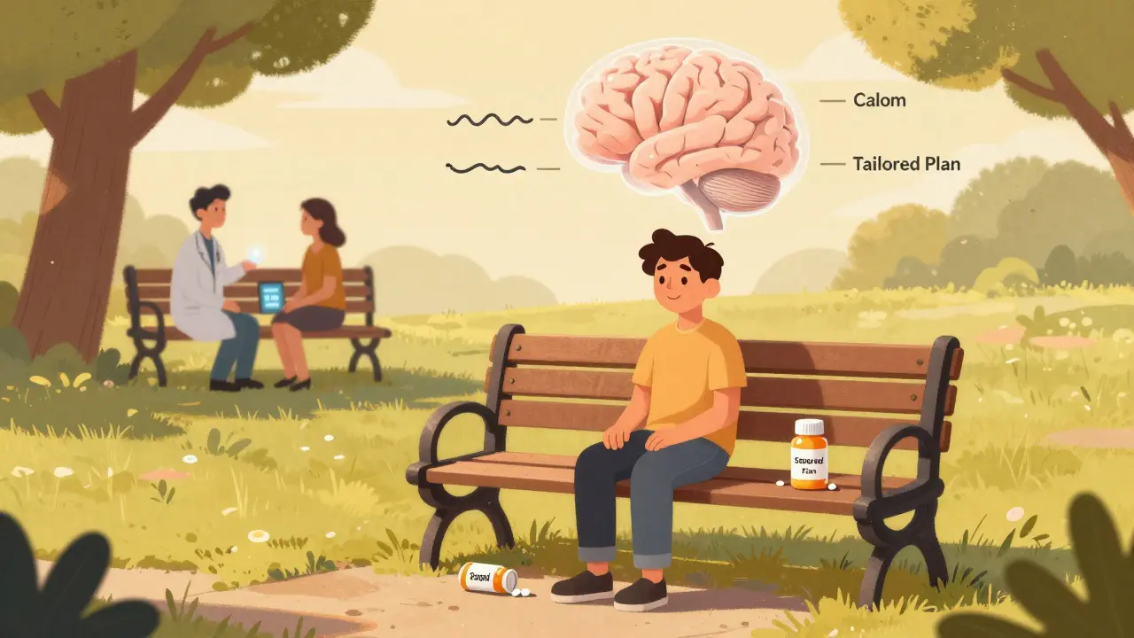 Person at park with balanced brain above, discarded and new pill bottles at feet.