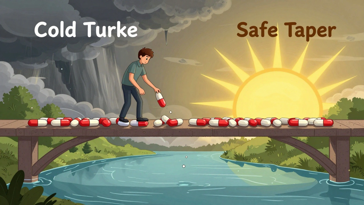 Person crossing a bridge of shrinking pills toward a sunrise, contrasting chaotic cold turkey with calm, gradual tapering.