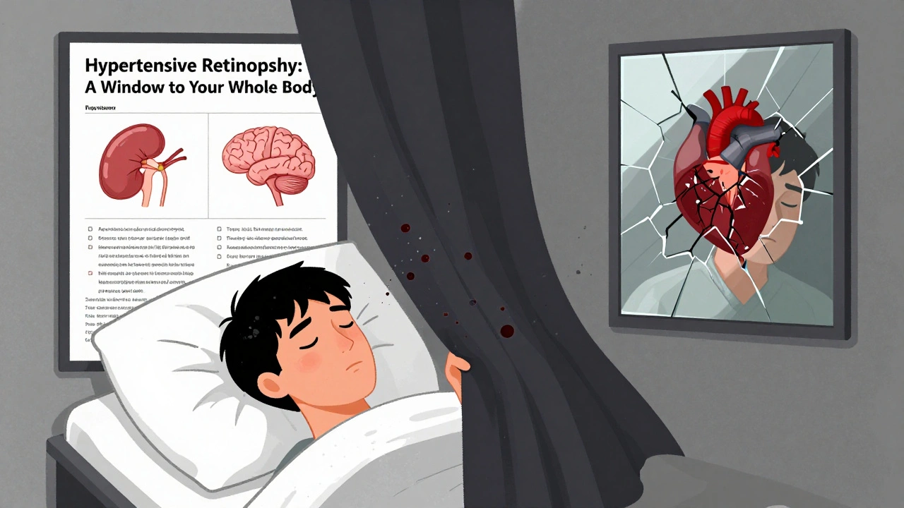 Person experiencing vision loss with dark curtain and floating spots, reflecting systemic health risks.