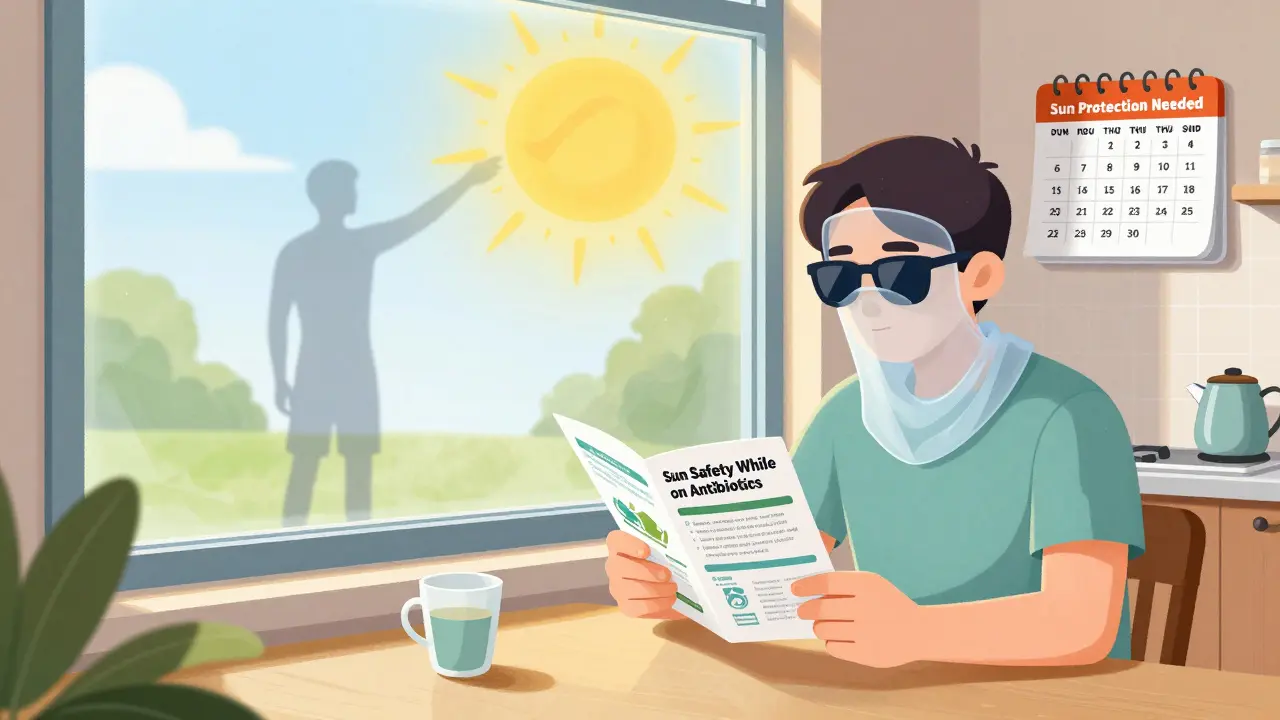 Person safely protected indoors near a sunlit window with UV-filtering film, while another person outside burns.