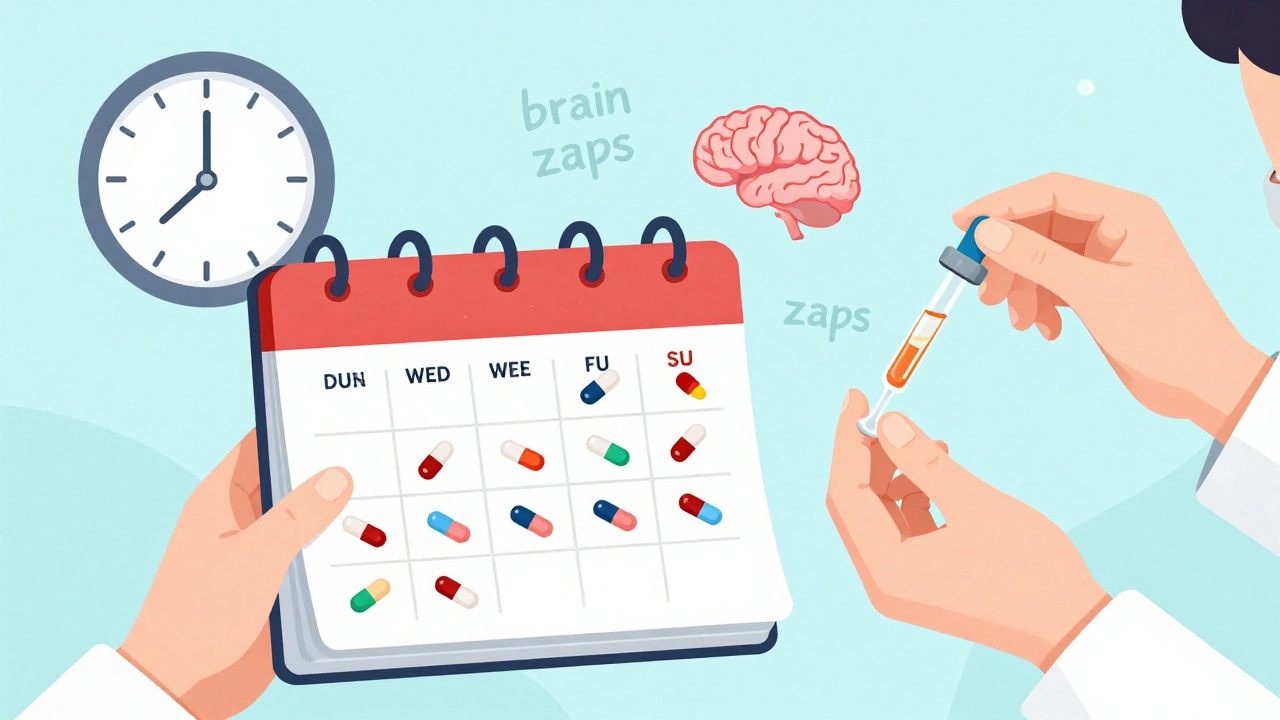 Person using a calendar to track weekly pill reductions, with fading withdrawal symptoms and a liquid dropper representing precise dosing.