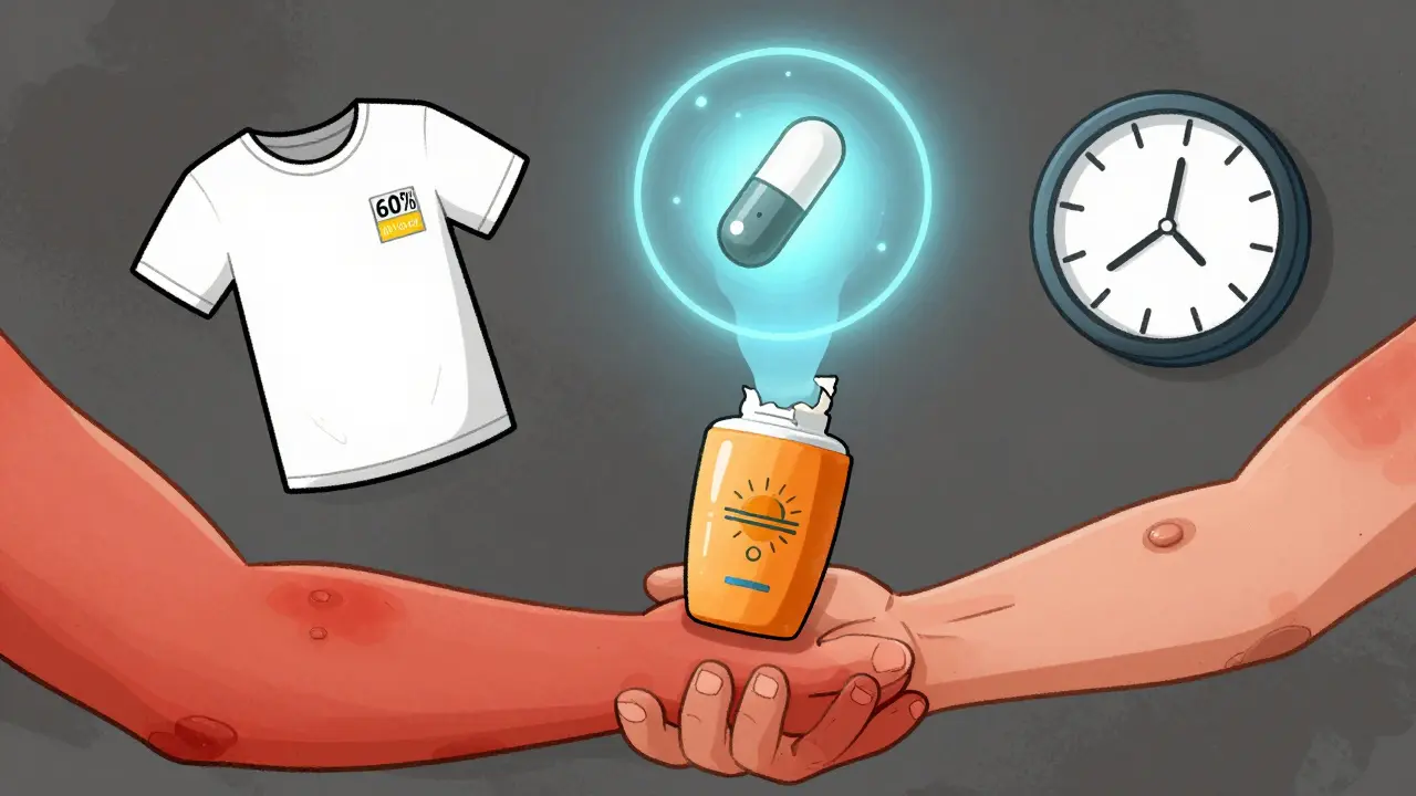 Person with sunburned skin surrounded by symbols of poor protection, while safe alternatives glow above.