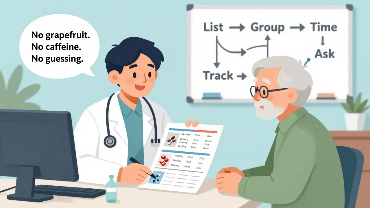Pharmacist and patient reviewing a visual medication schedule with photos and time windows.