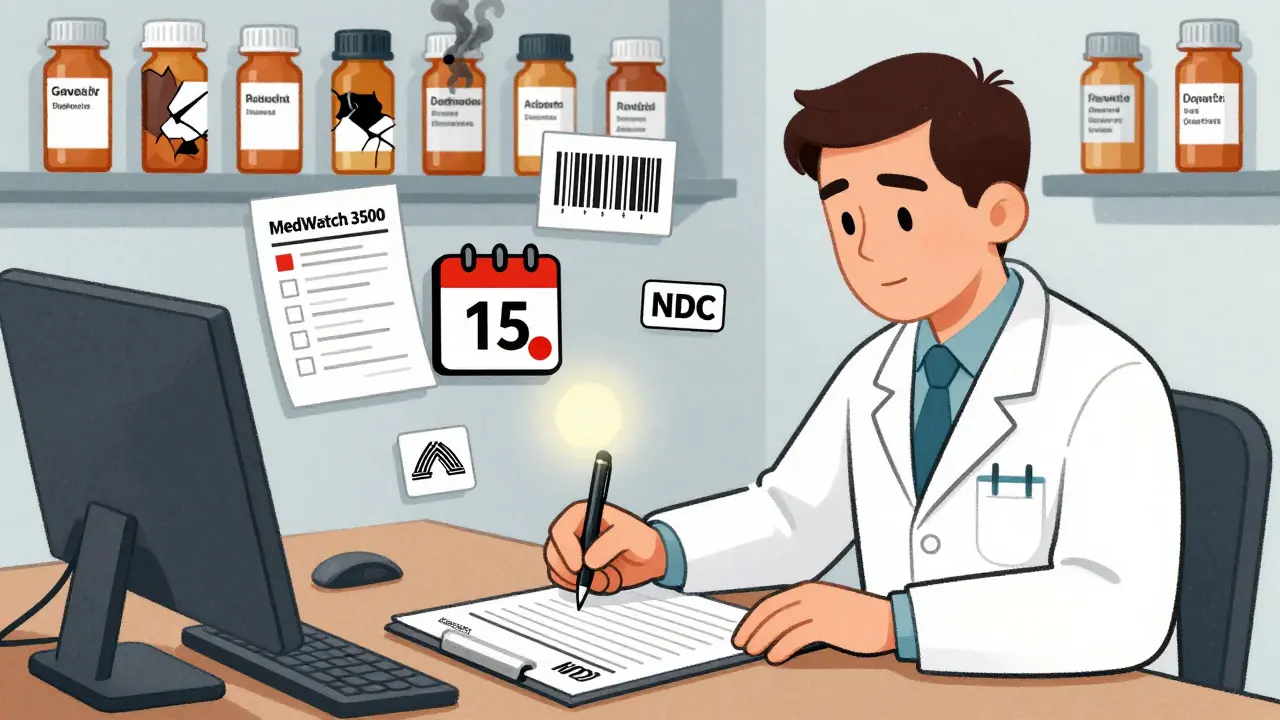 Pharmacist completing an FDA MedWatch form with key icons floating around them in a quiet office setting.