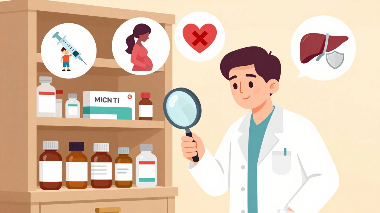 Pharmacist inspecting medicine cabinet with icons representing children, pregnancy, heart, and liver safety.