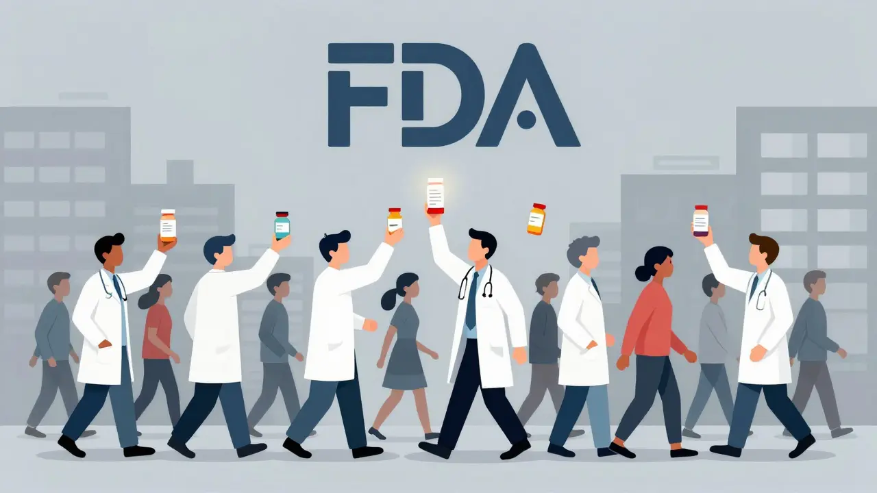 Pharmacists passing a report upward like a relay baton toward the FDA, while patients walk unaware below.