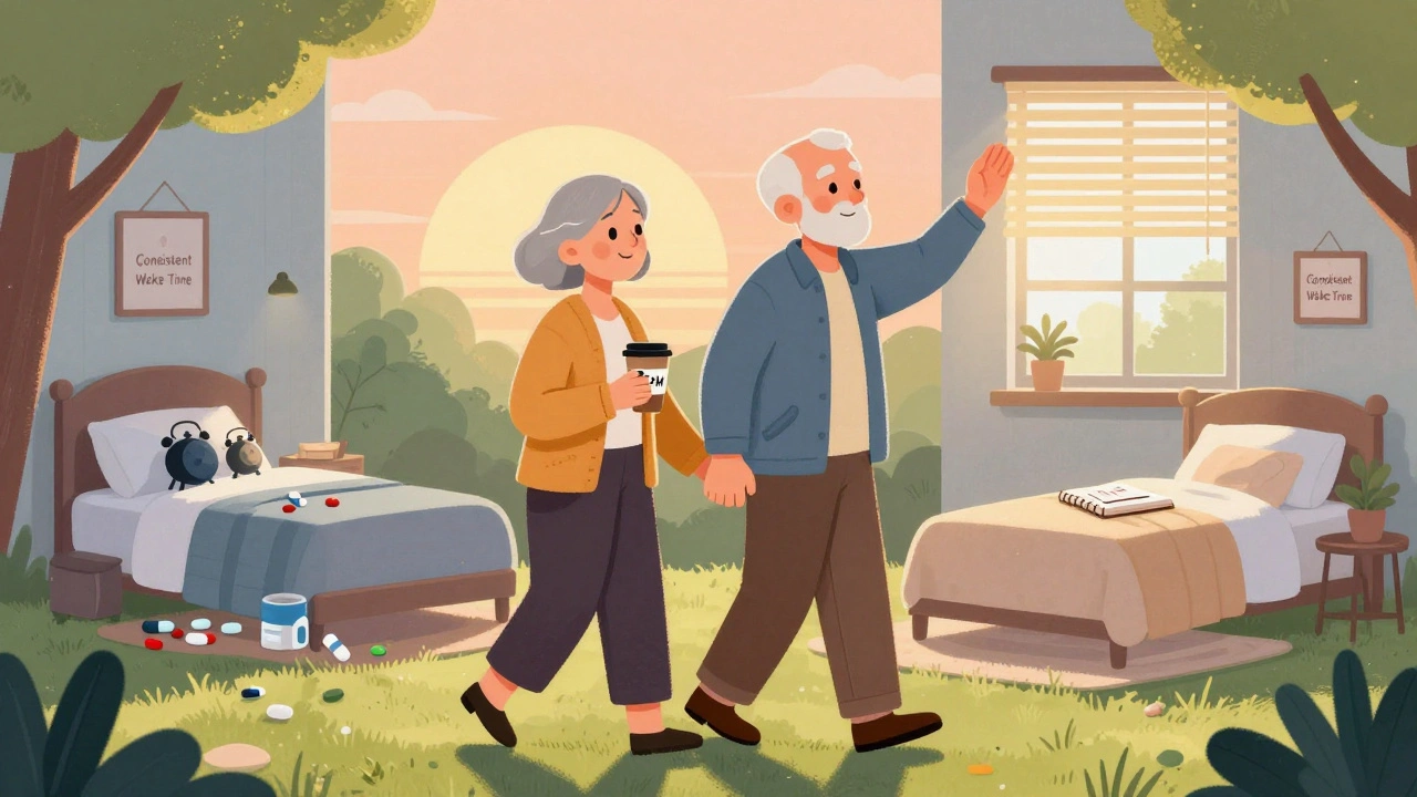 Senior couple walking in morning sunlight, contrasting cluttered bedroom with peaceful sleep space.