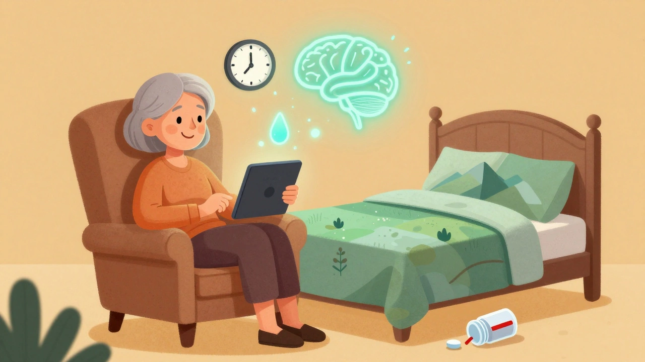 Senior woman in armchair doing CBT-I on tablet, with brain and clock symbols, pill bottle discarded.