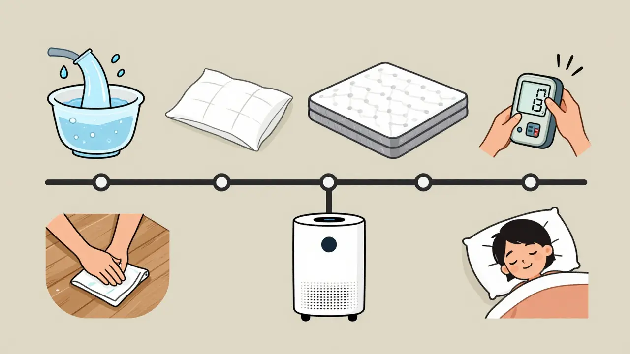 Seven-panel comic showing weekly steps to control dust mites in a bedroom environment.