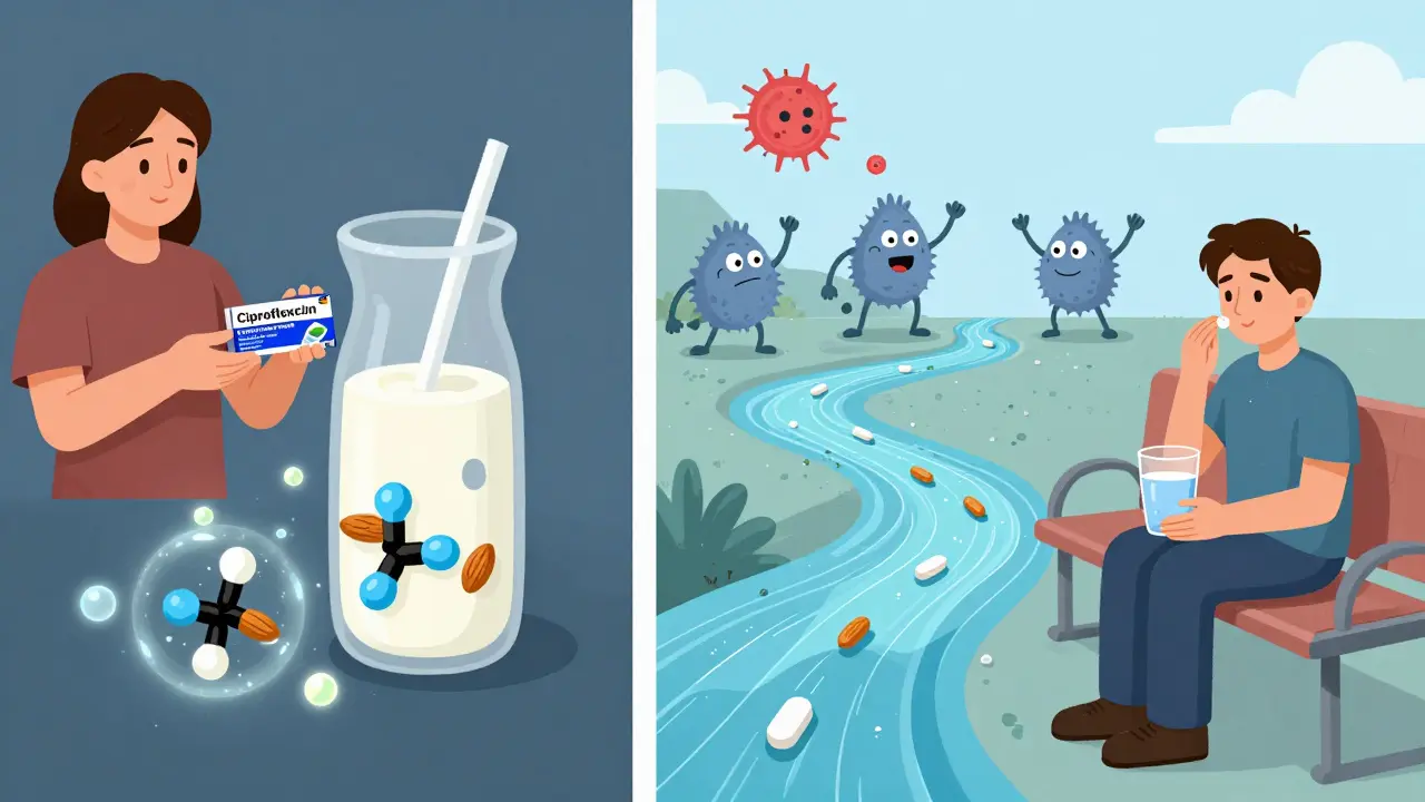 Side-by-side: antibiotic blocked by calcium vs. flowing freely into bloodstream