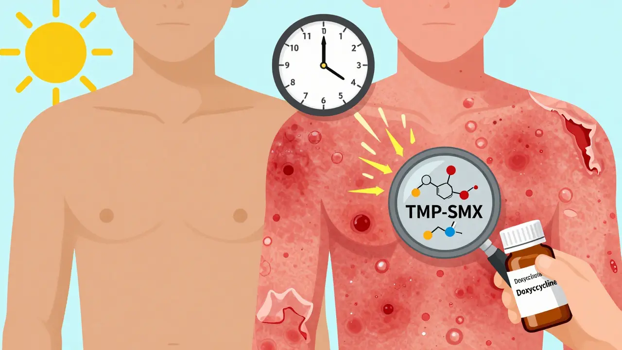 Side-by-side comparison of healthy skin and severe phototoxic reaction from antibiotics under sunlight.