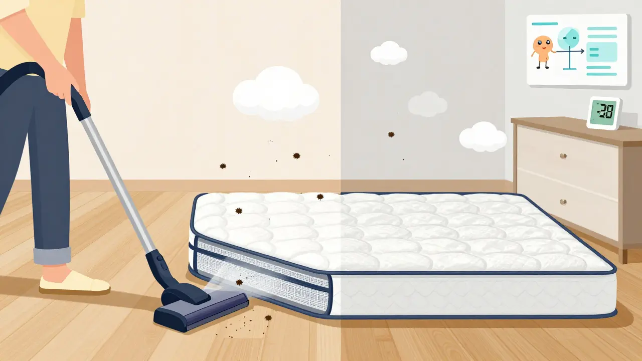 Split scene: HEPA vacuum removing allergens vs. regular vacuum spreading them in a bedroom.