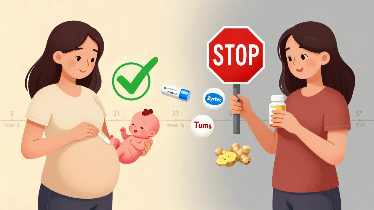 Split scene: safe pregnancy medications on one side, harmful ones blocked by red signs, illustrated with icons and timeline.