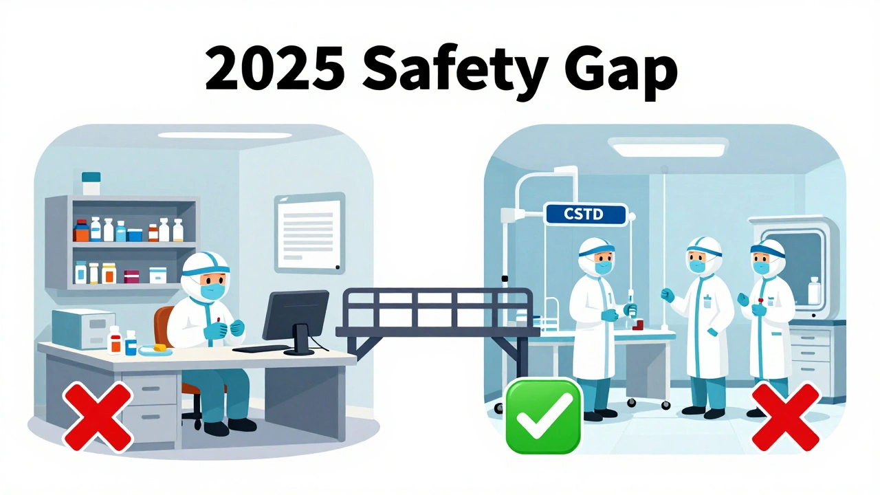 Split scene: unsafe small clinic vs. safe modern hospital, highlighting the gap in hazardous drug safety standards.