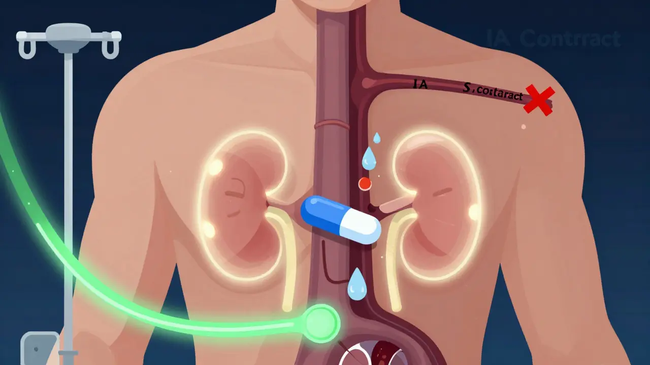 Stylized torso with kidneys clearing metformin safely via IV contrast, blocked arterial pathway marked dangerous.
