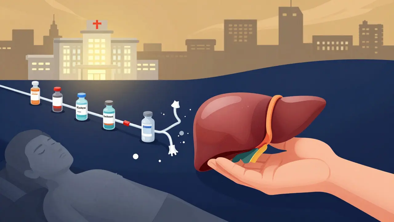 Transplant liver passed to patient as failed treatments break apart, with glowing hospital in background.