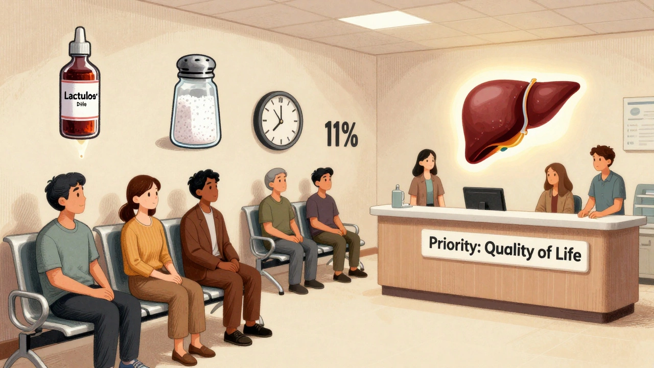 Transplant waiting room with symbolic representations of cirrhosis complications