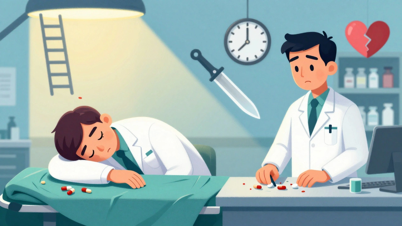 Two workers impaired by medications—one drowsy at surgery, another cleaning hazards—with symbolic icons of risk.