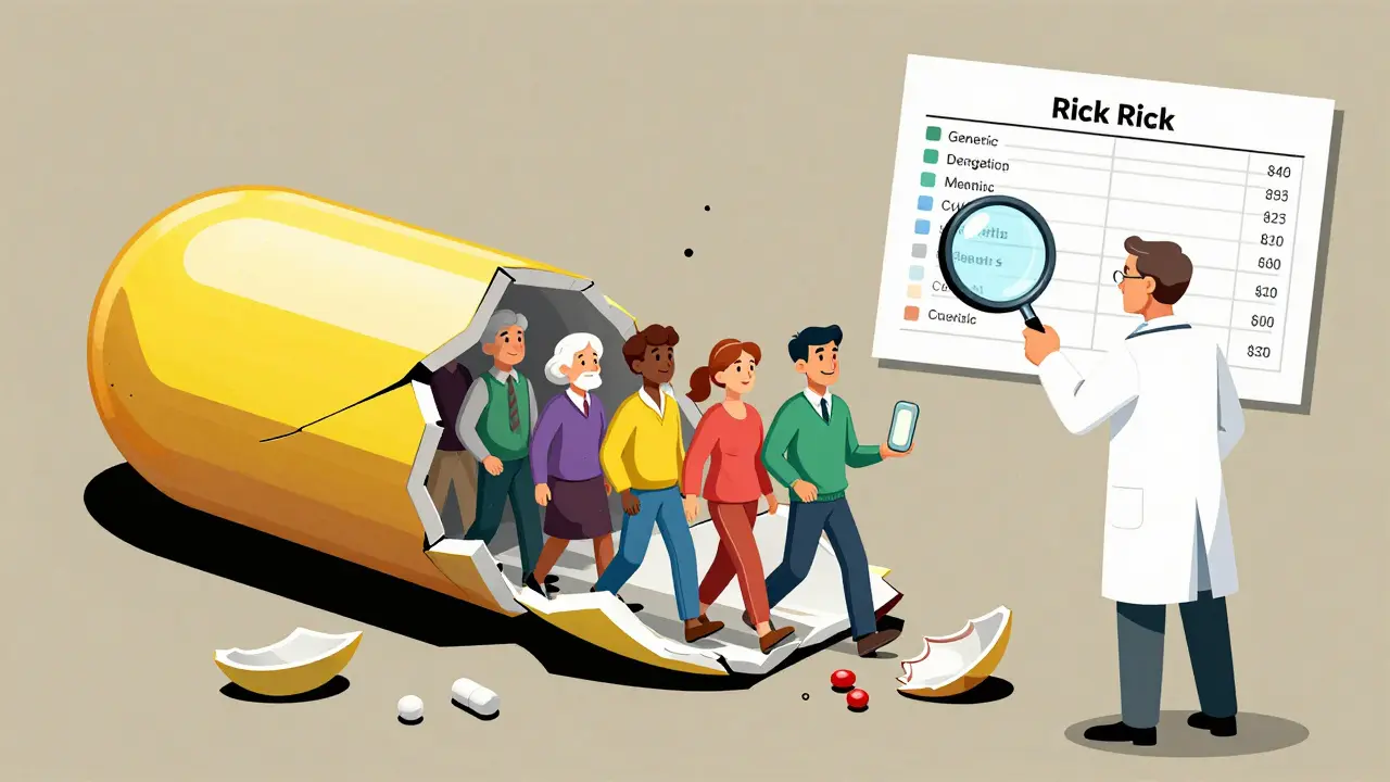 A cracked aspirin tablet revealing people walking away safely as a doctor uses a magnifying glass to assess personalized risk.