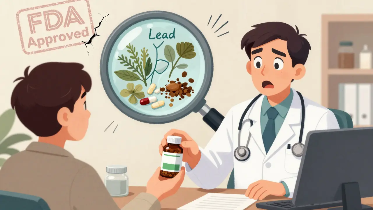 A doctor examining herbal supplements that reveal hidden contaminants under magnification.
