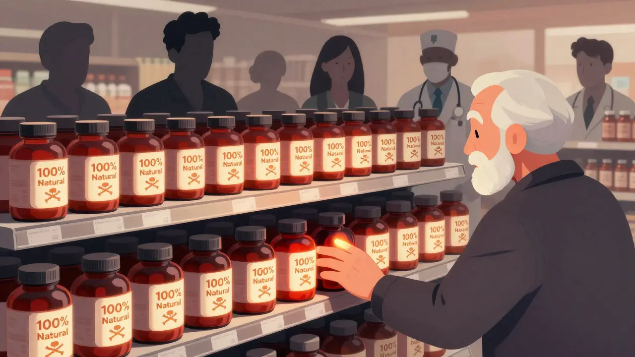 A grocery shelf of natural supplements with hidden danger symbols, an elderly person reaching for one.