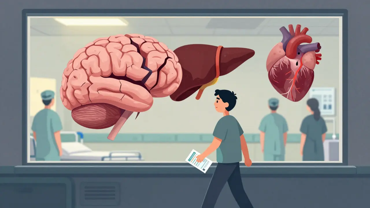 A hospital discharge scene with invisible organ damage floating behind the patient as staff turn away.