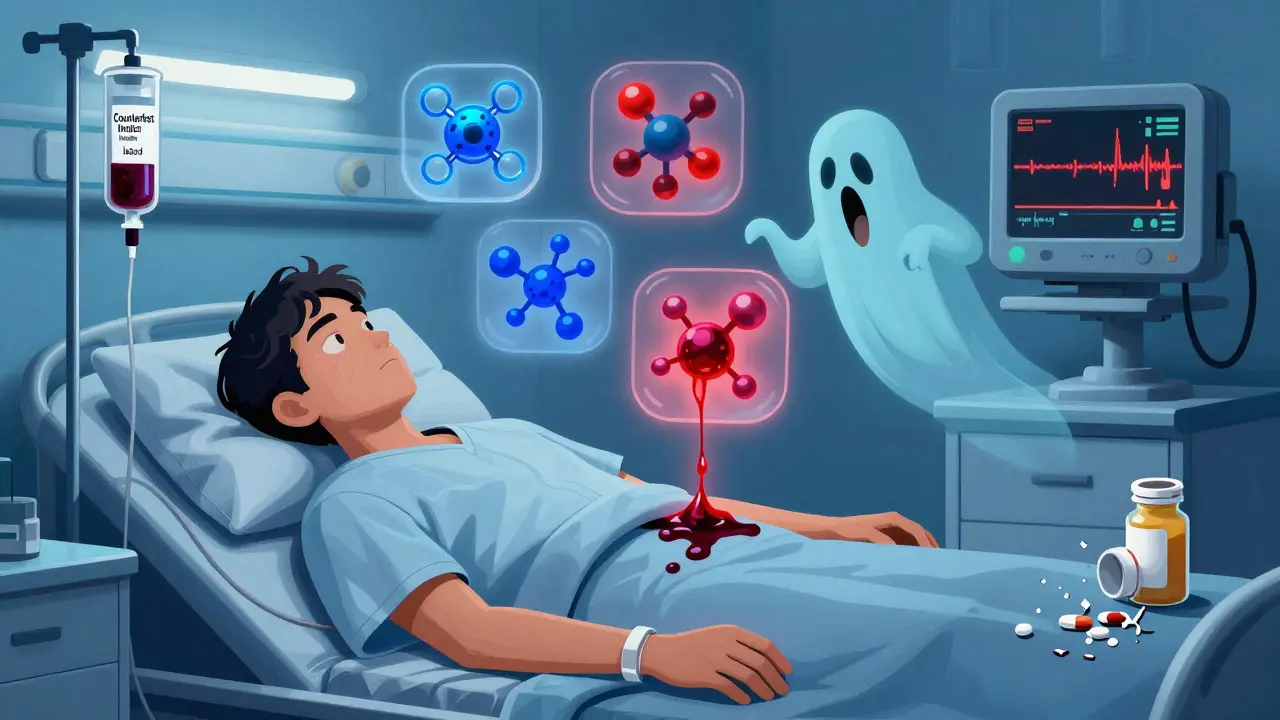 A patient in hospital with toxic counterfeit insulin dripping into their arm, surrounded by floating poison symbols.