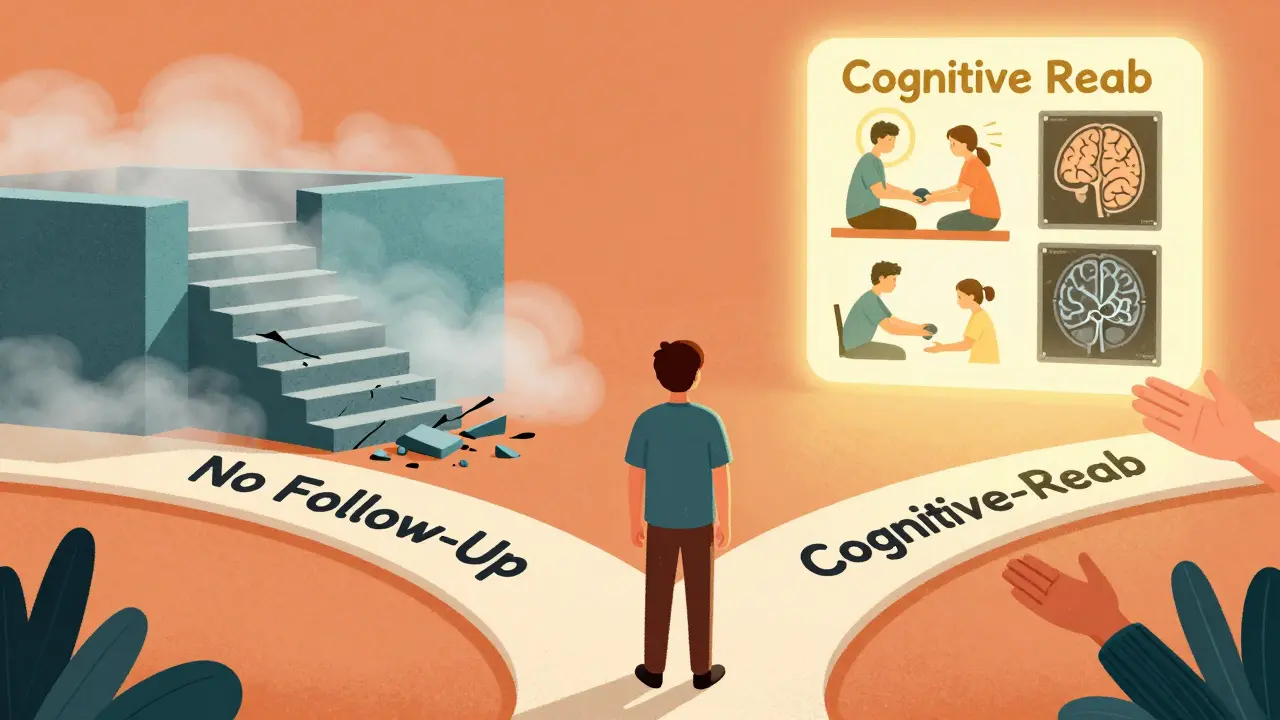 A person at a crossroads between neglect and recovery, with symbolic paths leading to fog or healing.