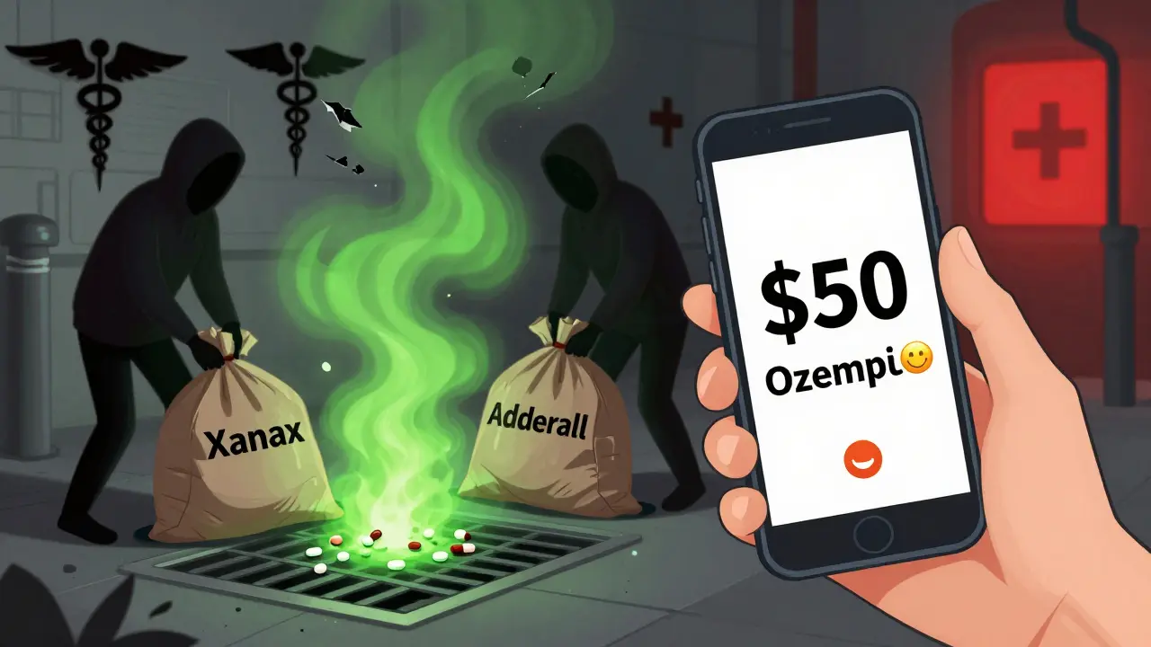 A person buying fake medication online while shadowy figures dump dangerous pills into a sewer.