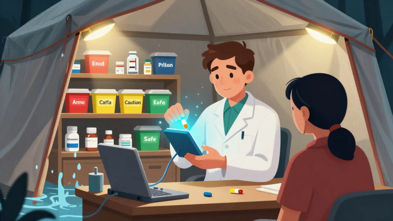 A pharmacist uses a portable device to test an expired pill in a disaster tent, with color-coded medication bins visible.