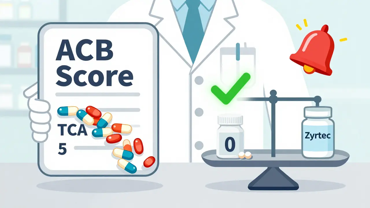 A pharmacist weighing dangerous drug combinations against safe alternatives on a cognitive burden scale.