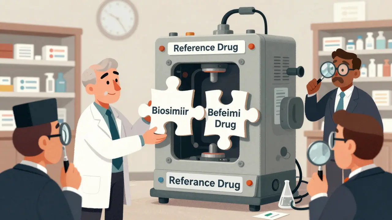 A scientist fits a biosimilar puzzle piece into a drug machine, overcoming legal and pharmacy obstacles.