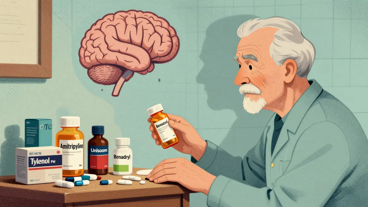 An elderly person surrounded by sleep aids and antidepressants, with a shadowy confused brain behind them.